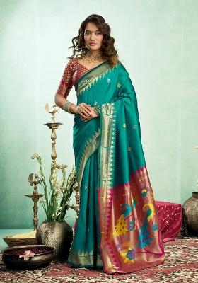 Sea Green Woven Silk Saree Set