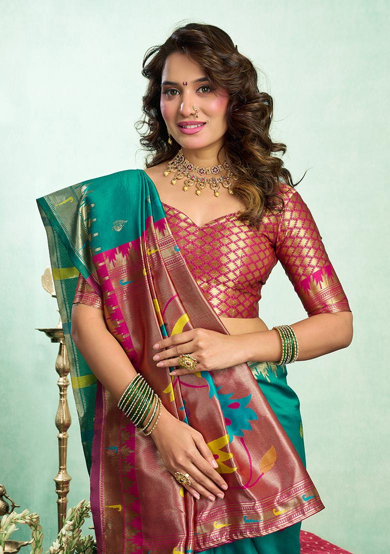 Sea Green Woven Silk Saree Set - Indya
