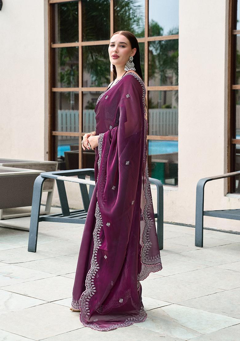 Wine Embroidery Chiffon Saree Set - Indya