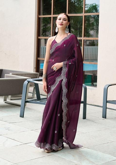 Wine Embroidery Chiffon Saree Set