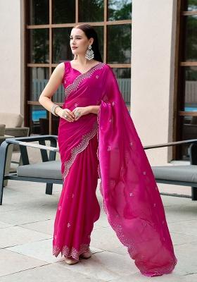 Magenta Embroidery Chiffon Saree Set