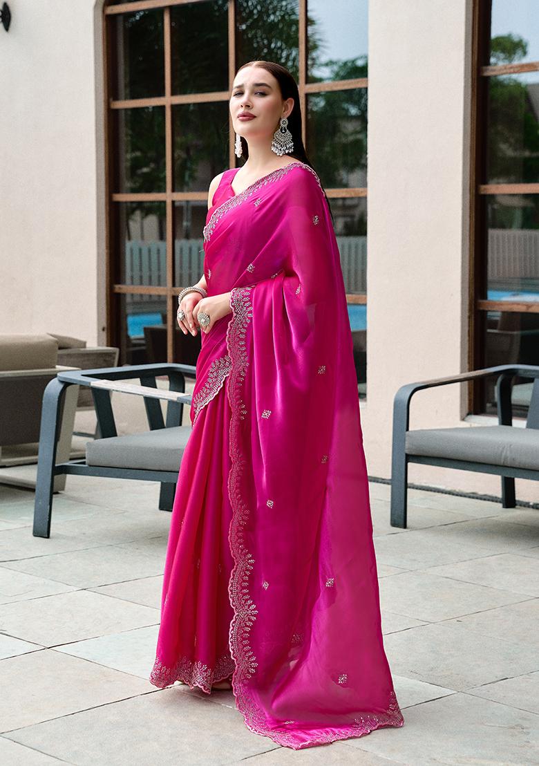 Magenta Embroidery Chiffon Saree Set - Indya