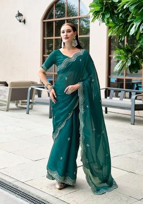 Green Embroidery Chiffon Saree Set