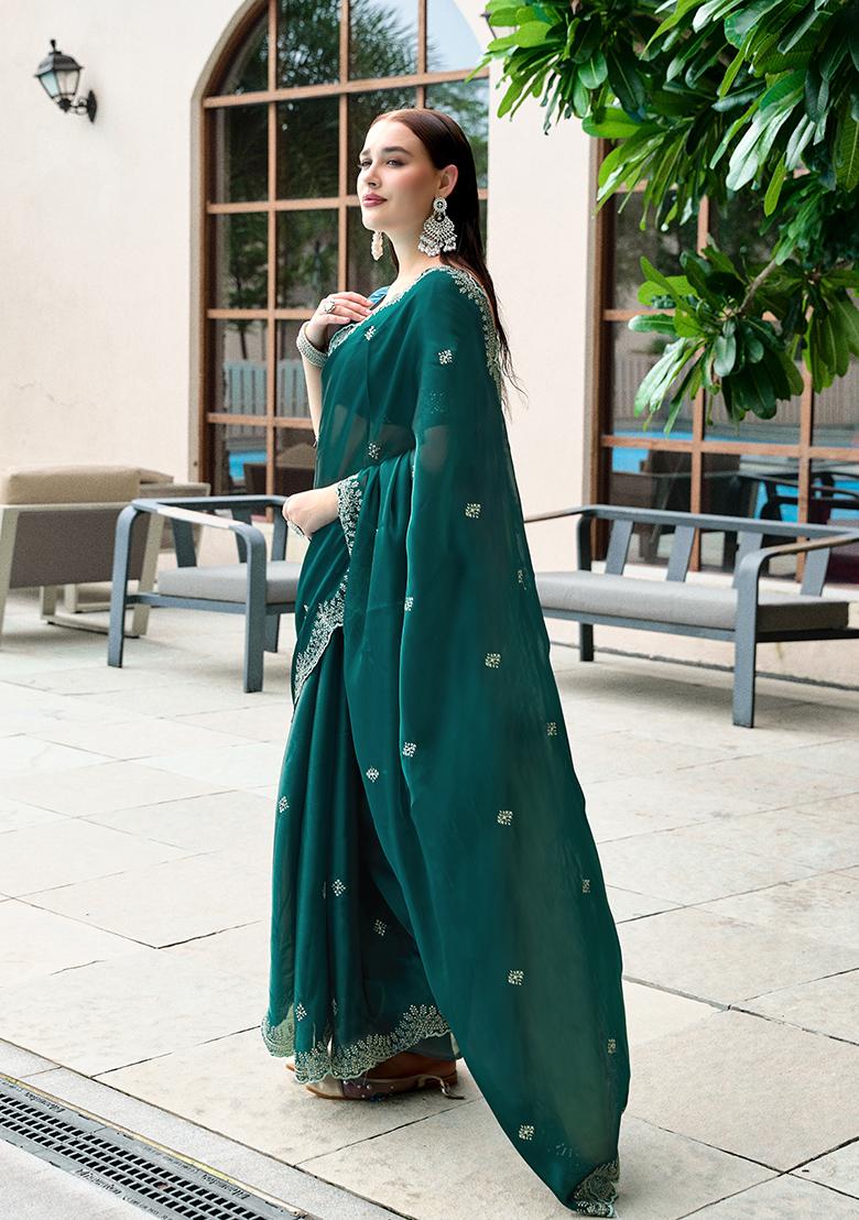 Green Embroidery Chiffon Saree Set - Indya