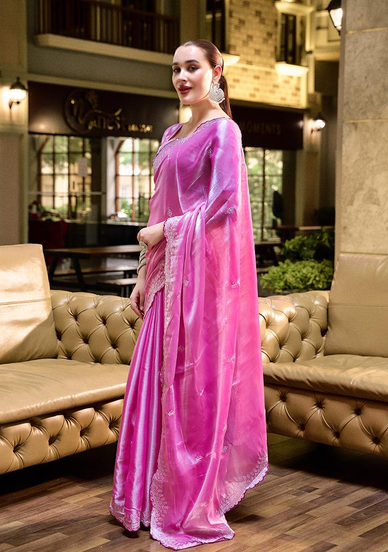 Pink Embroidery Chiffon Saree Set - Indya