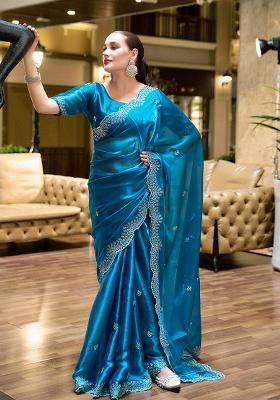 Teal Blue Embroidery Chiffon Saree Set