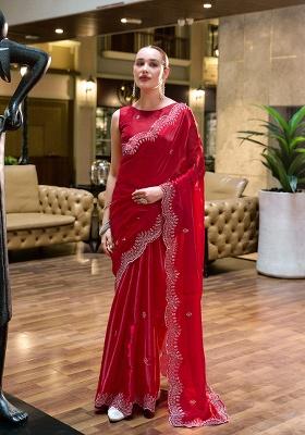 Red Embroidery Chiffon Saree Set