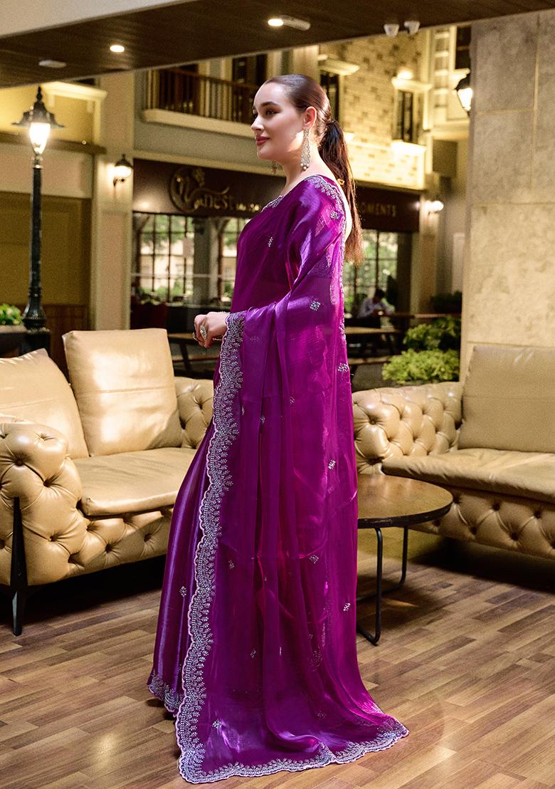 Purple Embroidery Chiffon Saree Set - Indya