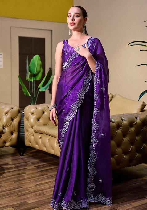 Violet Embroidery Chiffon Saree Set