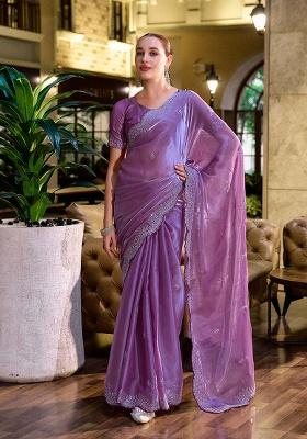 Lavender Embroidery Chiffon Saree Set