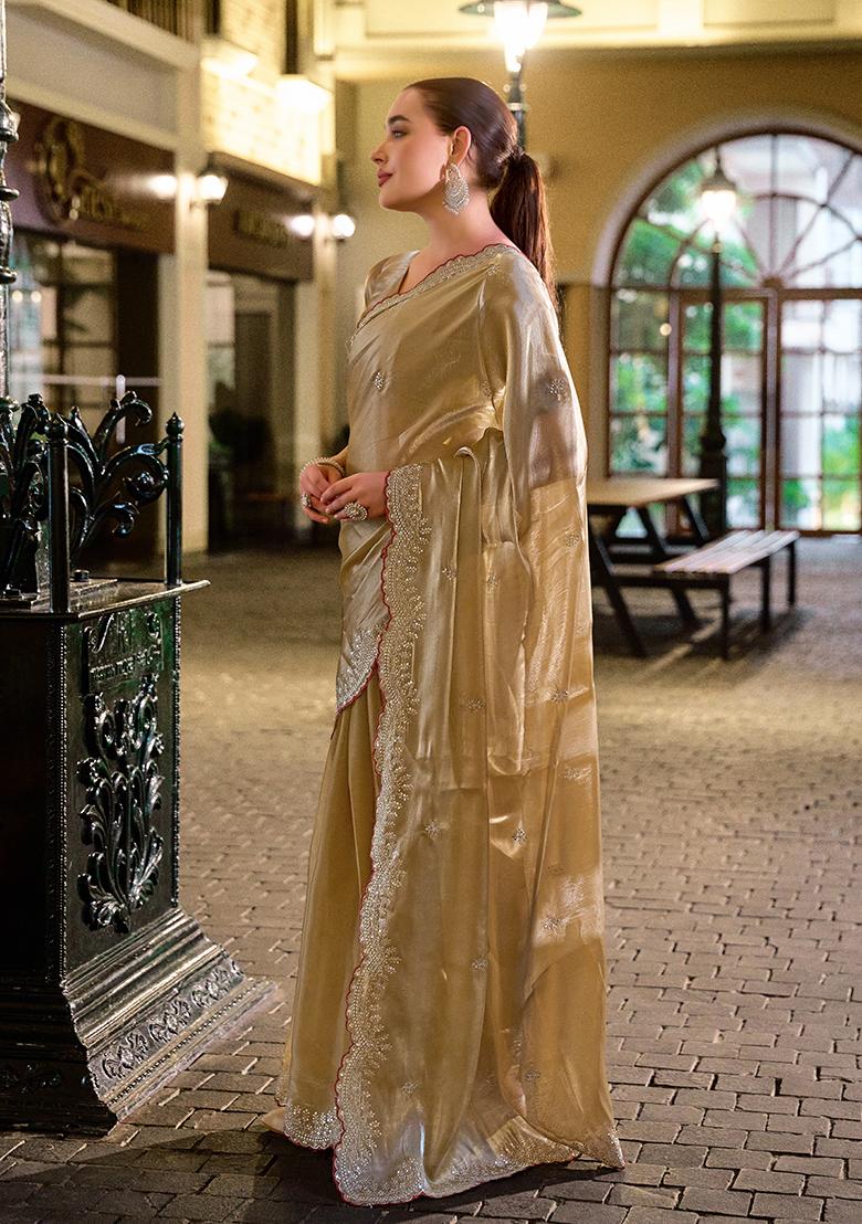 Beige Embroidery Chiffon Saree Set - Indya