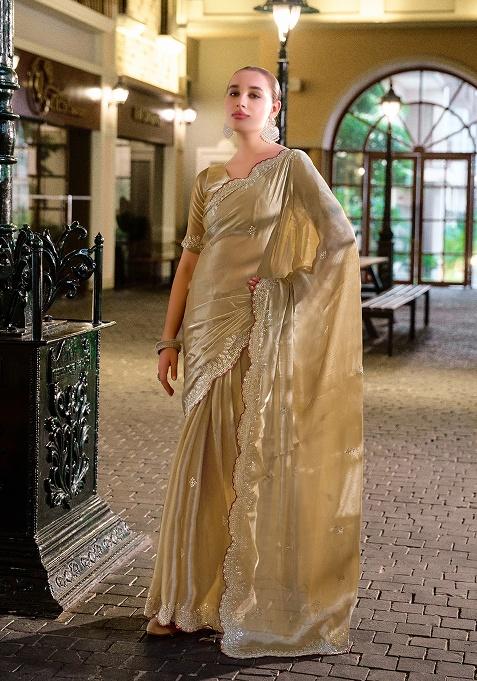 Beige Embroidery Chiffon Saree Set