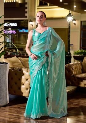 Aqua Blue Embroidery Chiffon Saree Set