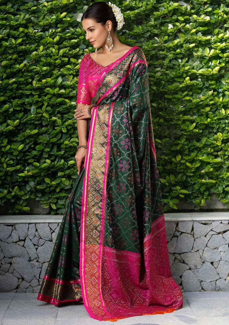 Green Weaving Silk Saree Set - Indya