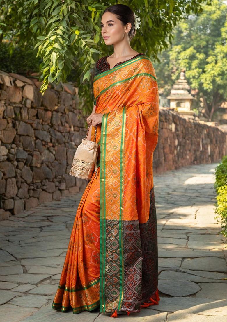Orange Weaving Silk Saree Set - Indya