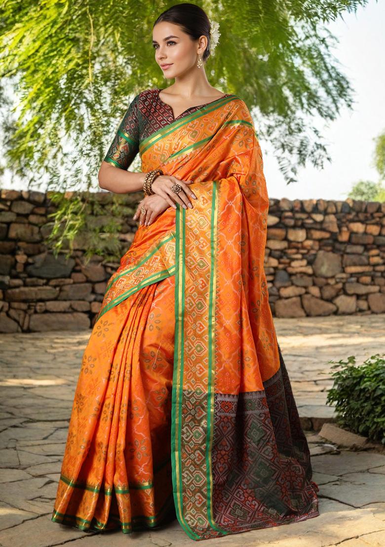 Orange Weaving Silk Saree Set - Indya