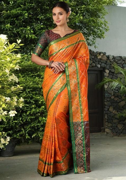 Orange Weaving Silk Saree Set