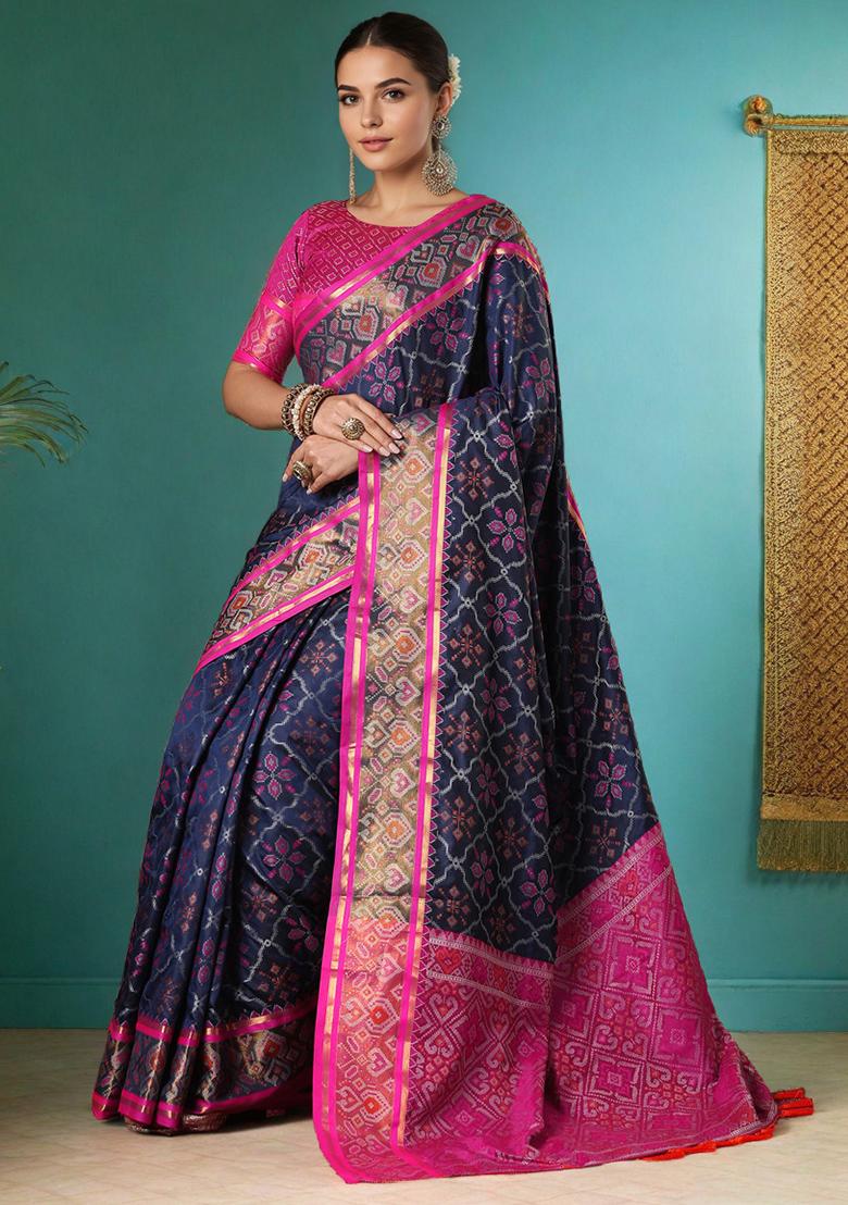 Navy Blue Weaving Silk Saree Set - Indya