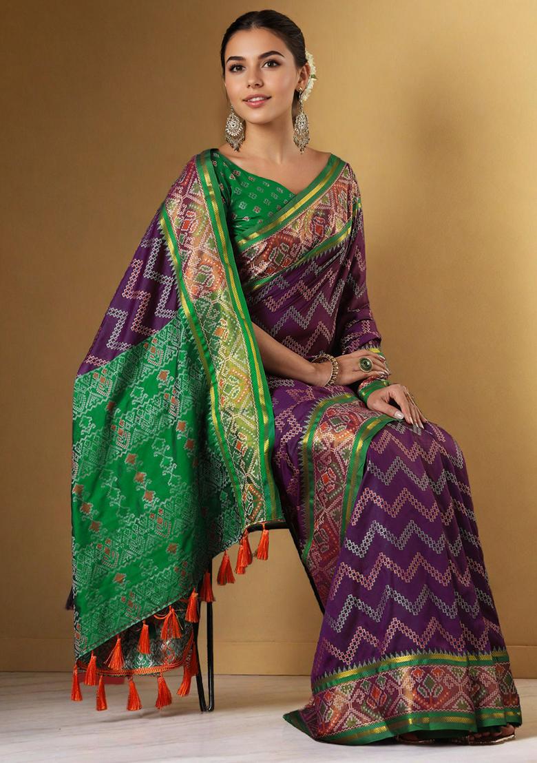 Purple Weaving Silk Saree Set - Indya