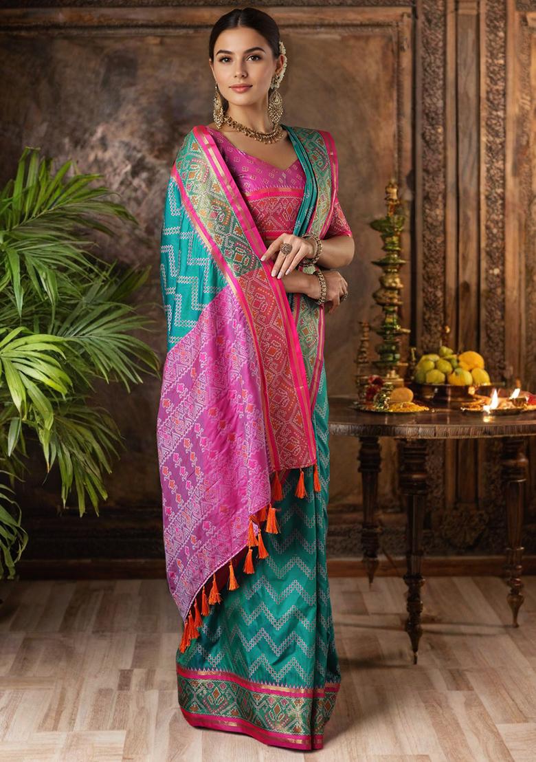 Sea Green Weaving Silk Saree Set - Indya