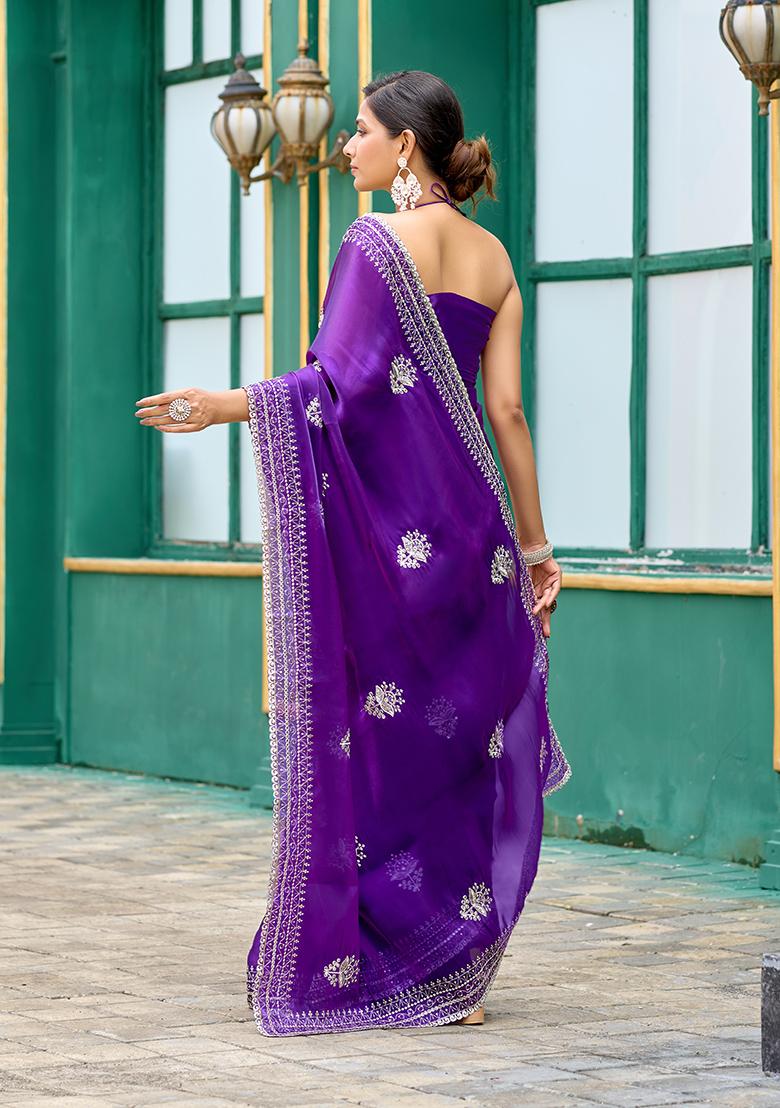 Violet Embroidery Chiffon Saree Set - Indya