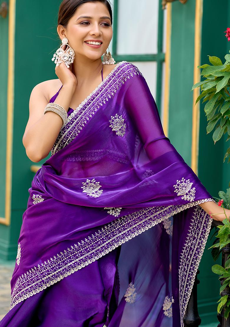 Violet Embroidery Chiffon Saree Set - Indya