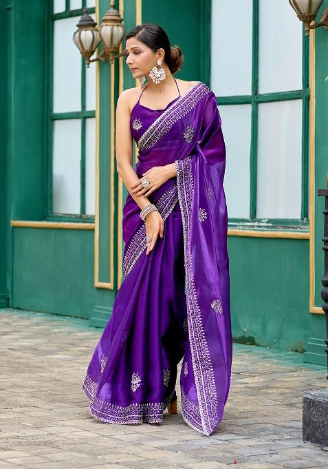Violet Embroidery Chiffon Saree Set
