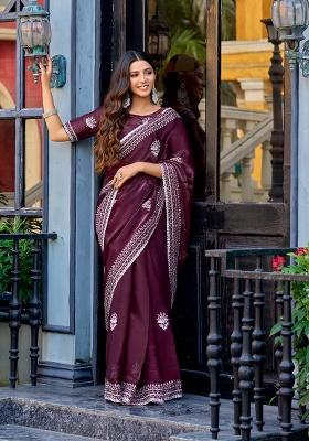 Dark Maroon Embroidery Chiffon Saree Set