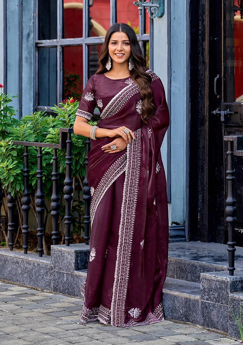 Dark Maroon Embroidery Chiffon Saree Set - Indya