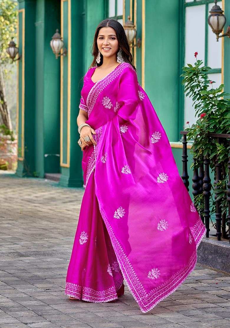 Magenta Embroidery Chiffon Saree Set - Indya