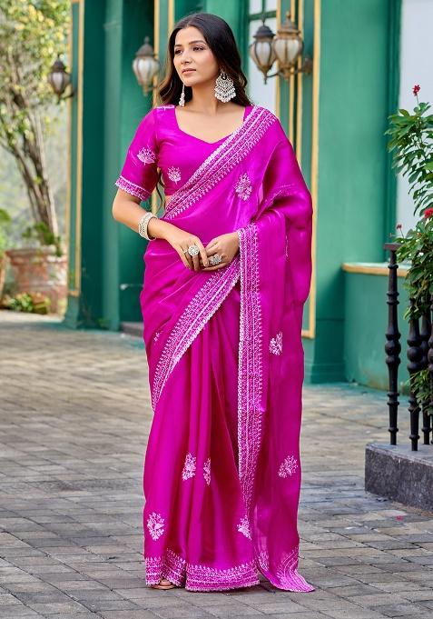 Magenta Embroidery Chiffon Saree Set