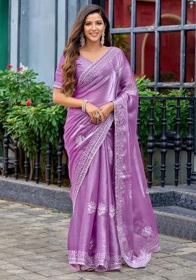 Lavender Embroidery Chiffon Saree Set