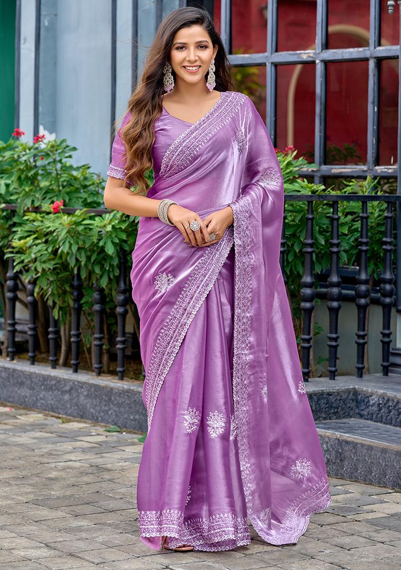 Lavender Embroidery Chiffon Saree Set - Indya