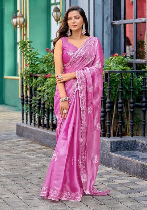 Pink Embroidery Chiffon Saree Set