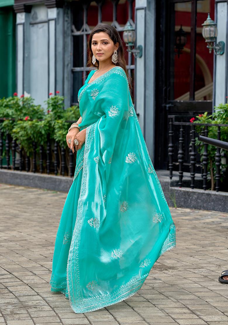 Aqua Blue Embroidery Chiffon Saree Set - Indya
