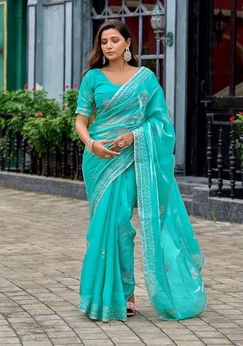 Aqua Blue Embroidery Chiffon Saree Set