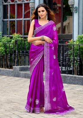 Purple Embroidery Chiffon Saree Set