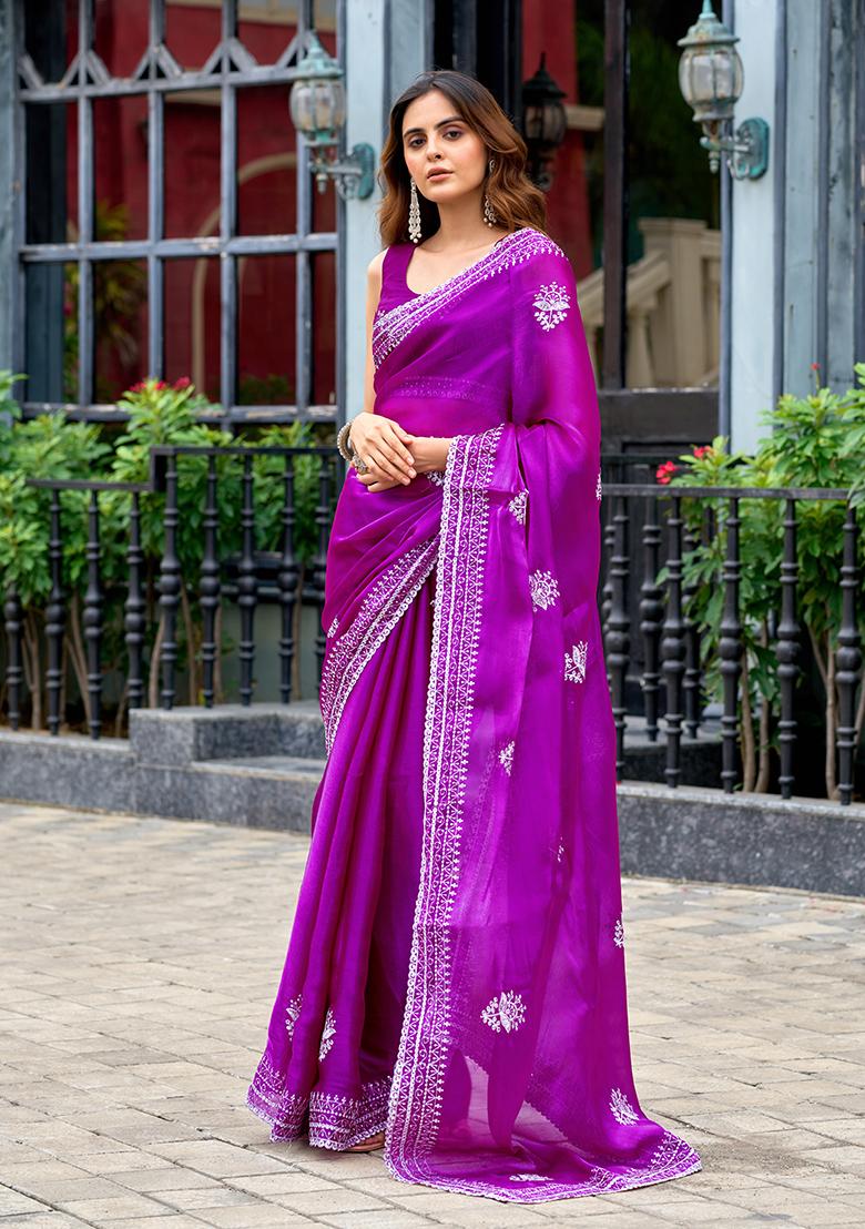 Purple Embroidery Chiffon Saree Set - Indya