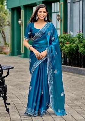 Teal Blue Embroidery Chiffon Saree Set