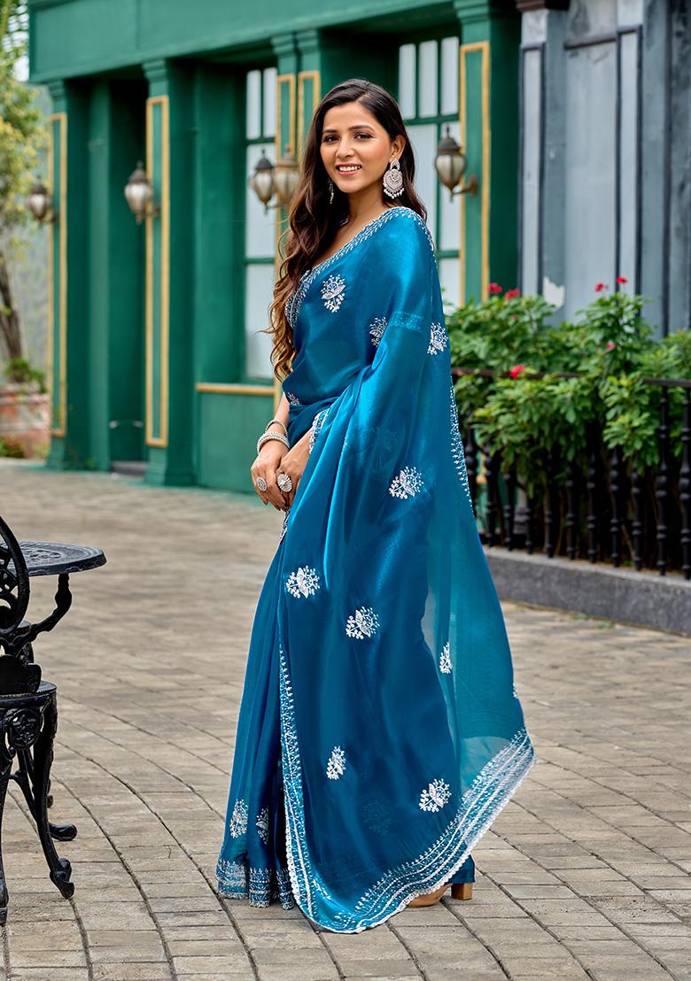 Teal Blue Embroidery Chiffon Saree Set - Indya