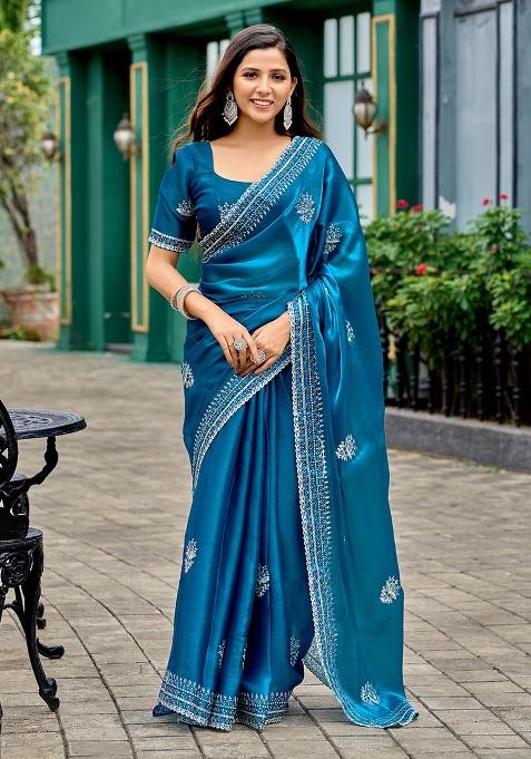 Teal Blue Embroidery Chiffon Saree Set