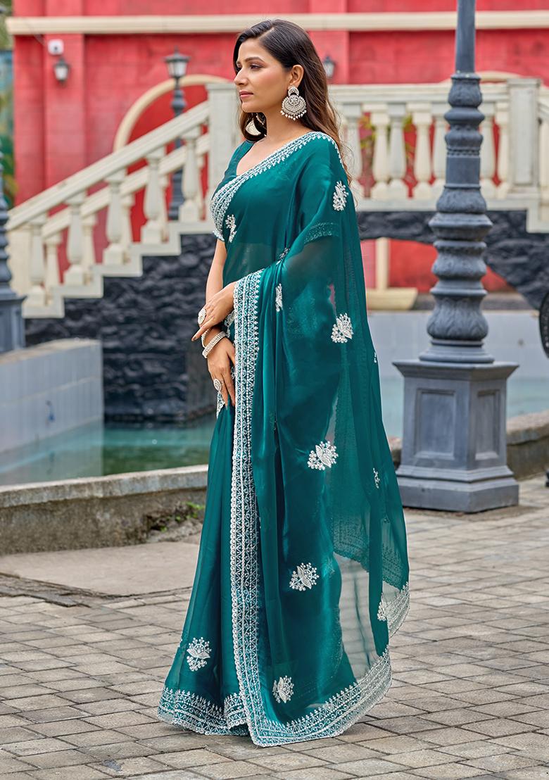 Sea Green Embroidery Chiffon Saree Set - Indya