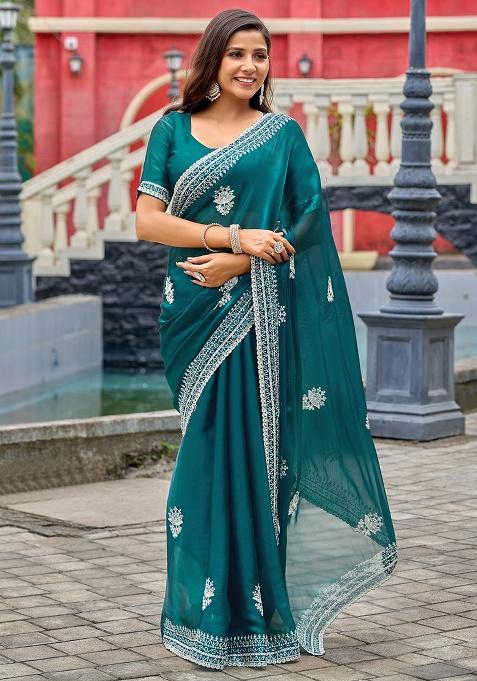 Sea Green Embroidery Chiffon Saree Set