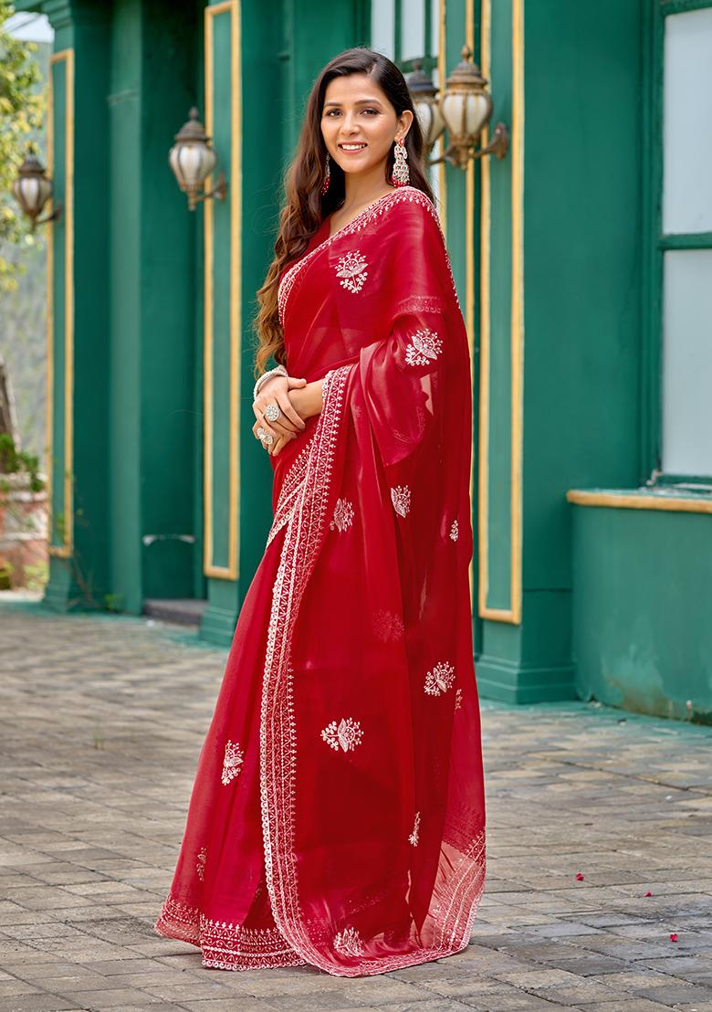 Red Embroidery Chiffon Saree Set - Indya