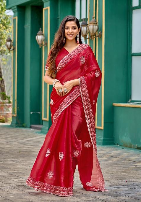 Red Embroidery Chiffon Saree Set