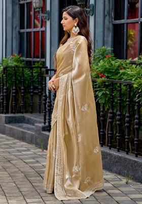 Beige Embroidery Chiffon Saree Set