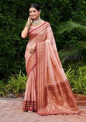 Peach Woven Silk Saree Set