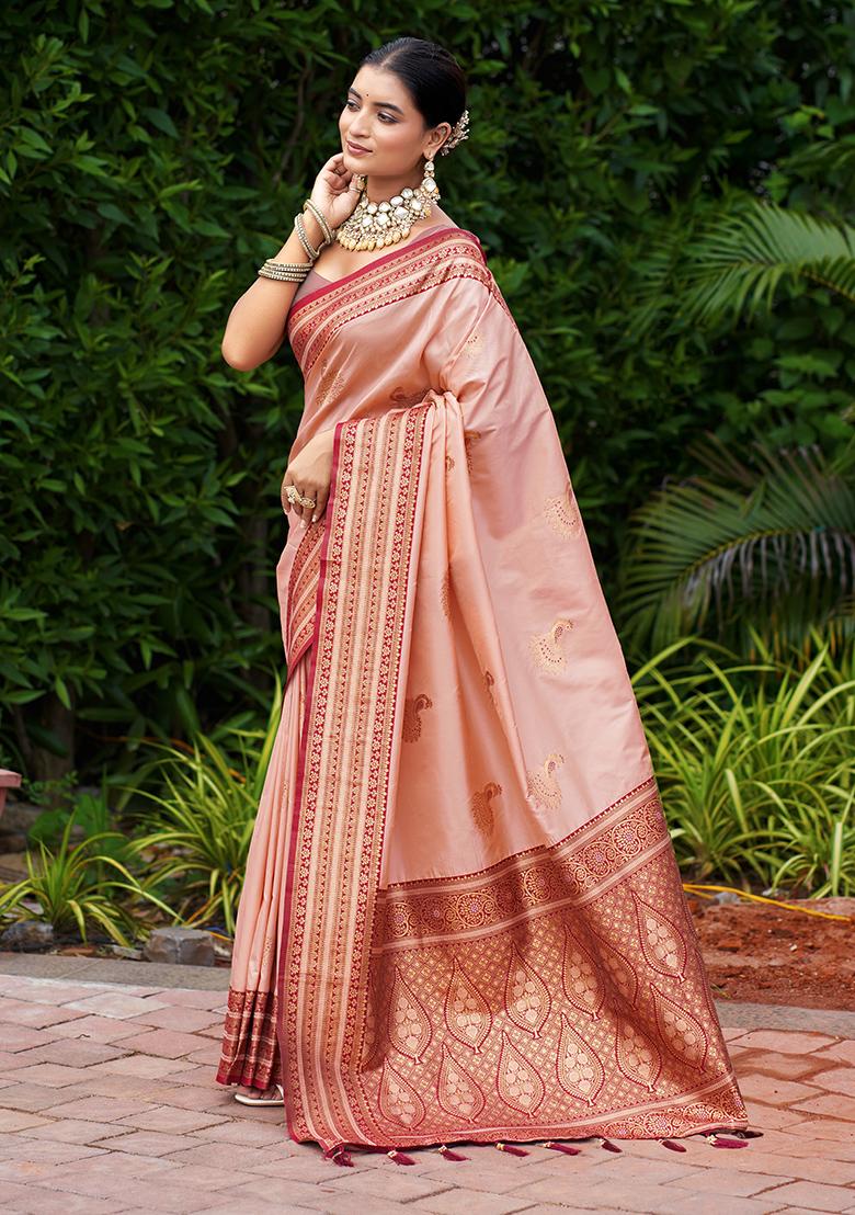 Peach Woven Silk Saree Set - Indya