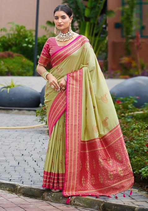Pista Woven Silk Saree Set