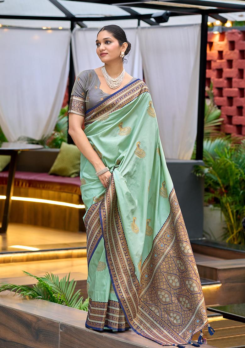 Sea Green Woven Silk Saree Set - Indya